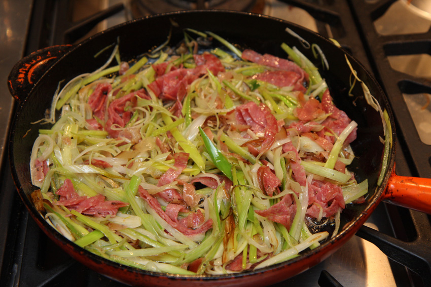 Leeks, salami and home-smoked bacon, done.jpg. Leeks, salami and home-smoked bacon, done.jpg.