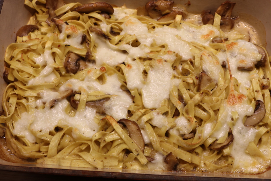 Baked ribbon pasta with stilton, mushrooms and mozzarella cheeses baked.jpg. Baked ribbon pasta with stilton, mushrooms and mozzarella cheeses baked.jpg.