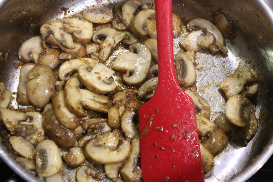 Baked ribbon pasta with stilton, mushrooms frying.jpg.