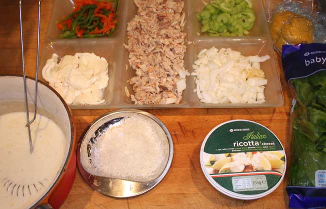 Crabmeat and spinach lasagna ingredients.jpg.