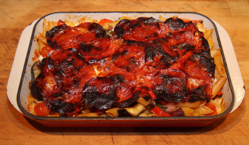 Chorizo, pasta and vegetable bake