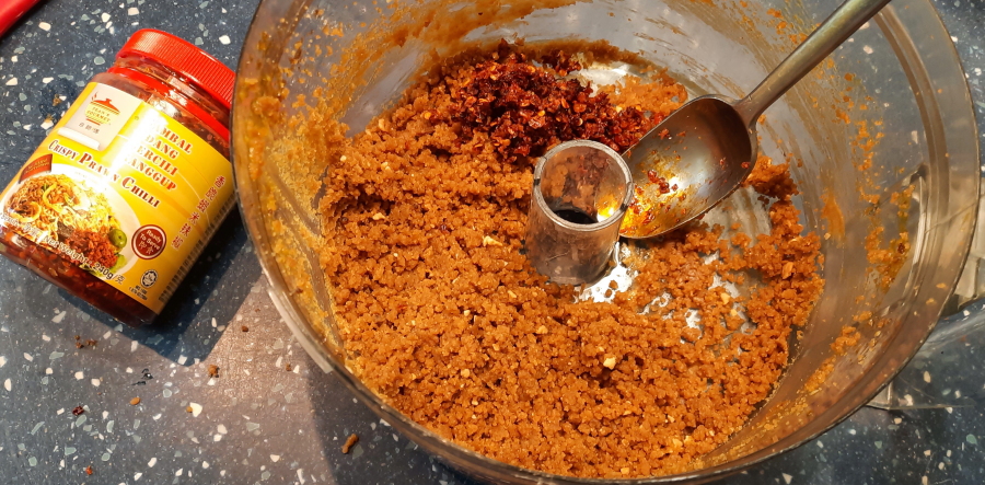 Peanut butter cookie and crispy prawn chili mixture.jpg.