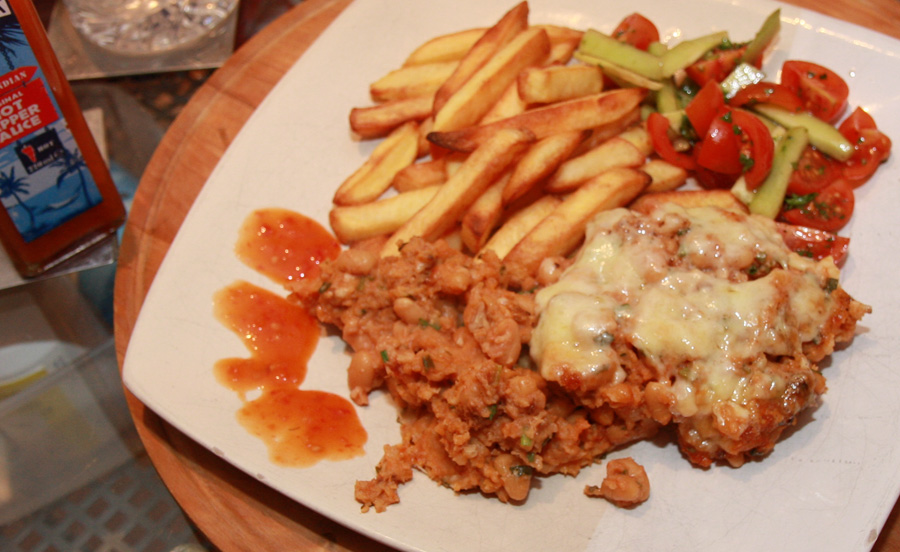 Baked bean veggyloaf chips and salad.jpg. Baked bean veggyloaf chips and salad.jpg.