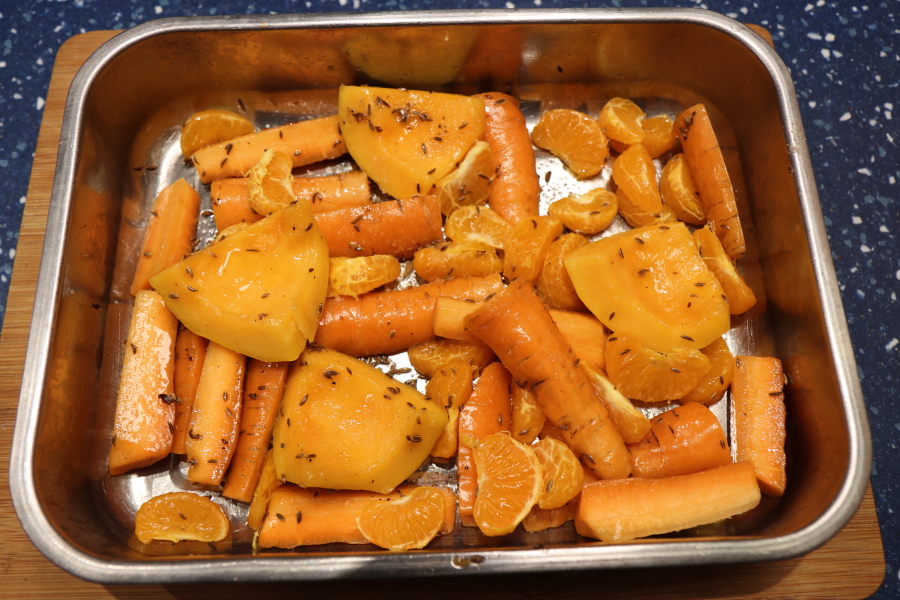 Carrot squash tangerines and herbs, ready to roast.jpg. Carrot squash tangerines and herbs, ready to roast.jpg.