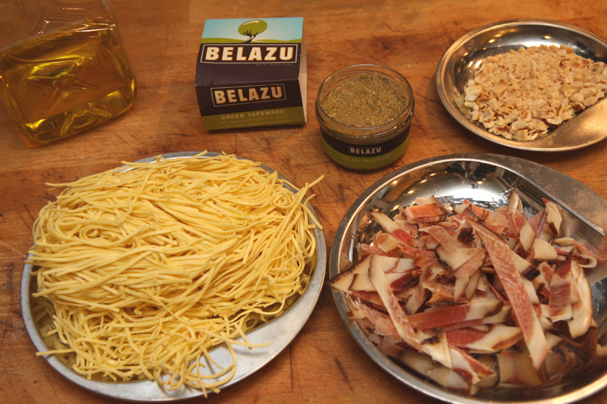 Spaghetti with green tapenade ingredients.jpg.