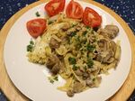 Thumbnail for File:Baked ribbon pasta with stilton, mushrooms and mozzarella cheeses recipe served.jpg