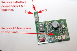 Unscrew the tiny Torx screw, unplug and remove PCB - Link between 1 & 3]]