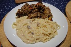Served with mushroom spaghetti
