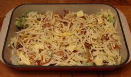 Cheese and tomato sauce added, ready for the oven