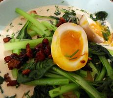 Tantan soup with ramen, pak choi and mad eggs