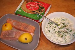 Meagre pieces of salmon
