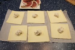 Cheese and bacon turnovers with a dollop of mustardy Philly cheese