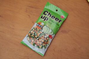 Broad bean mix with deep fried dehydrated peas, chilli and ginger