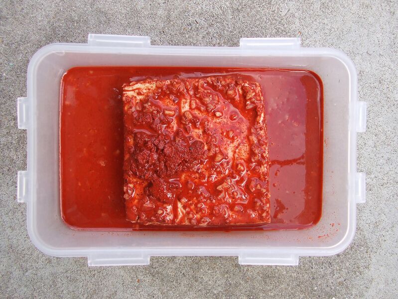 File:Tofu marinading in achiote paste.jpg