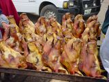 Pig heads at market, in Ecuador