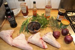 Porter lamb shanks with dark sticky gravy; the basic ingredients